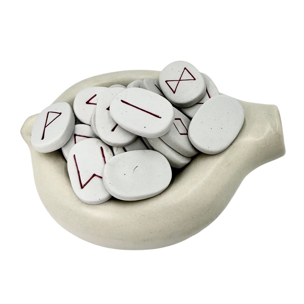 Vintage Ceramic Elder Futhark Rune Stone Set with Spouted Offering Bowl White